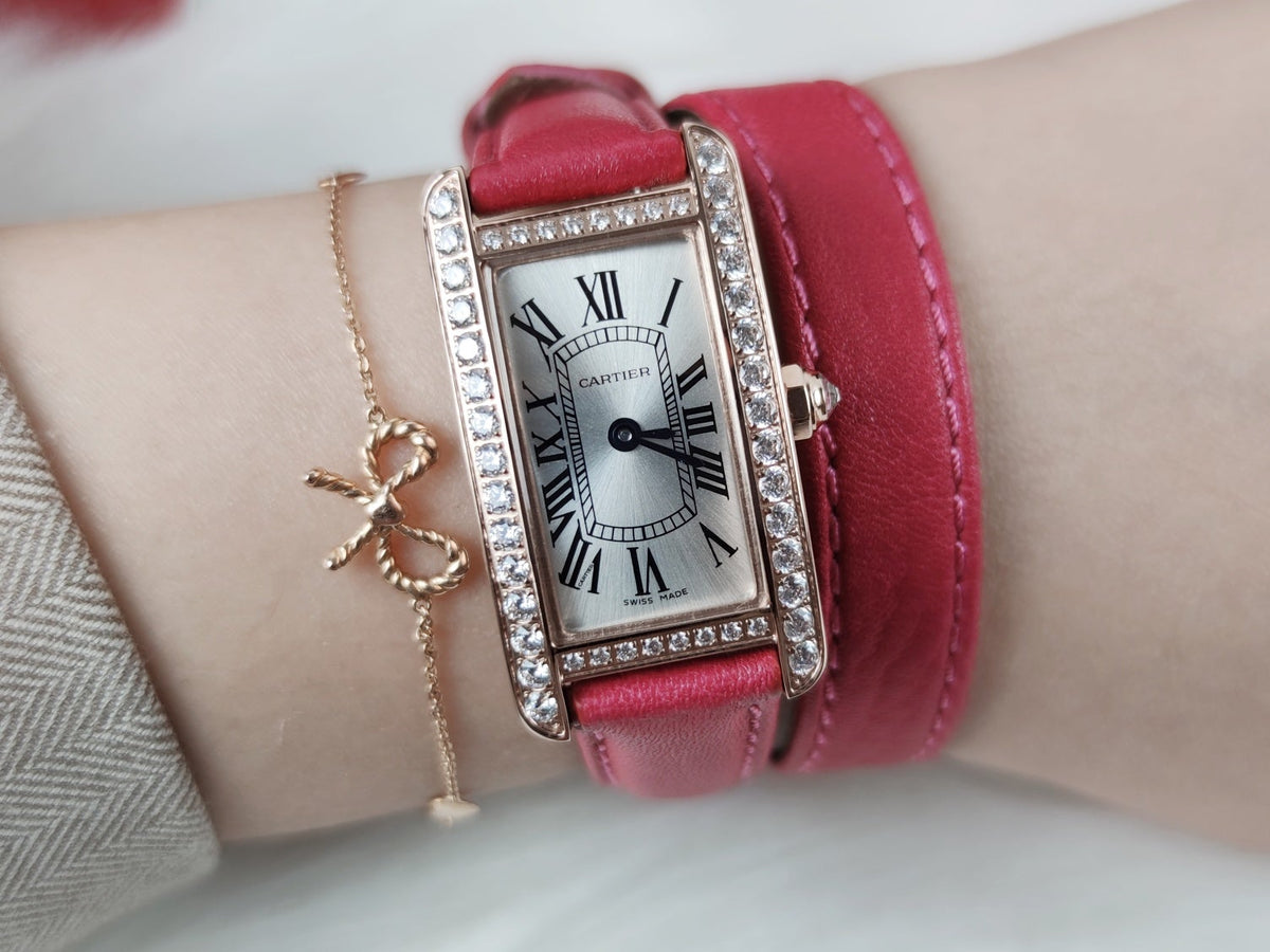 TANK AMERICAINE QUARTZ ROSE GOLD DIAMOND BEZEL SILVER DIAL