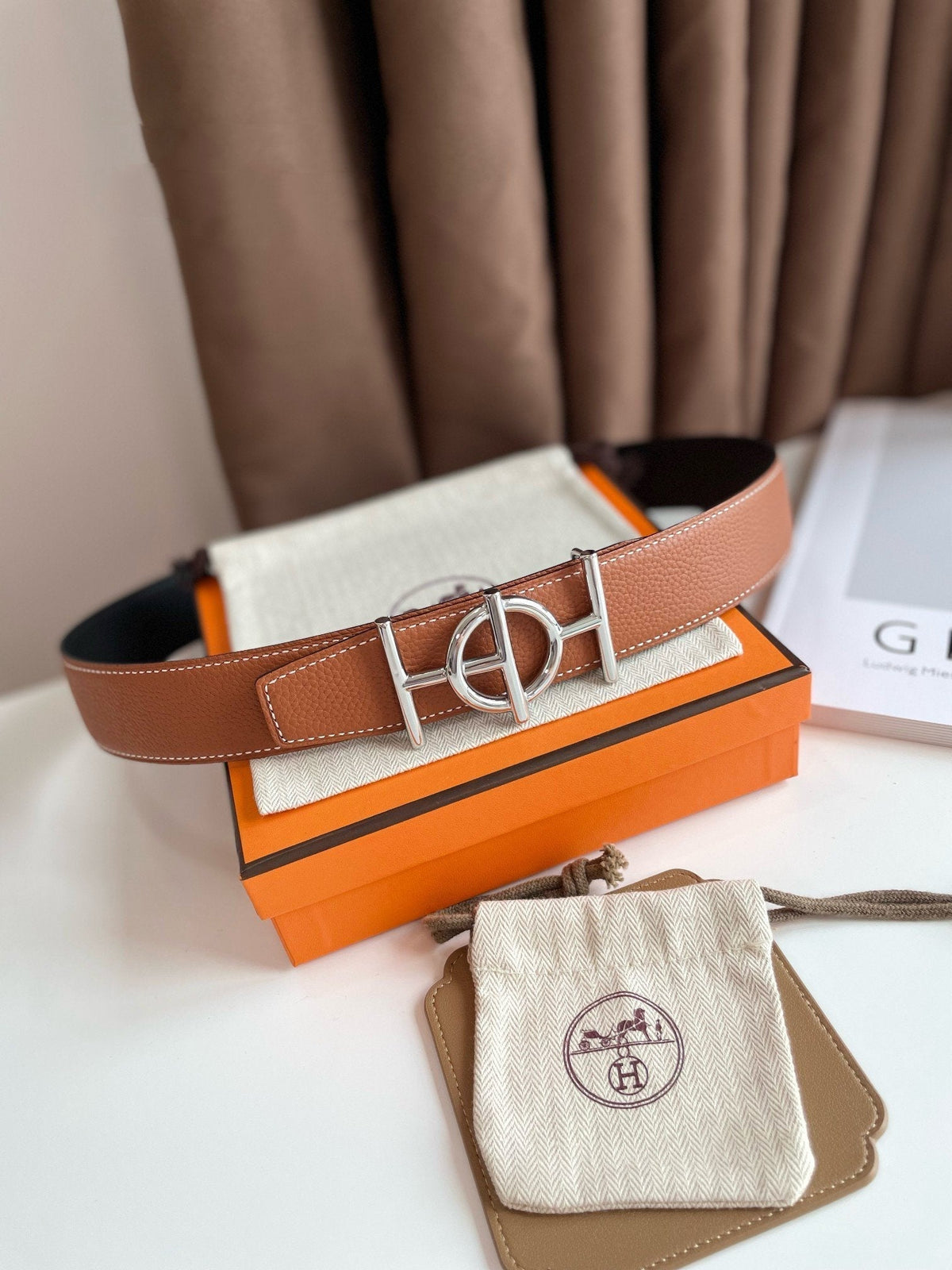 H ULYSSE BELT 38MM SILVER BUCKLE BLACK BROWN LEATHER