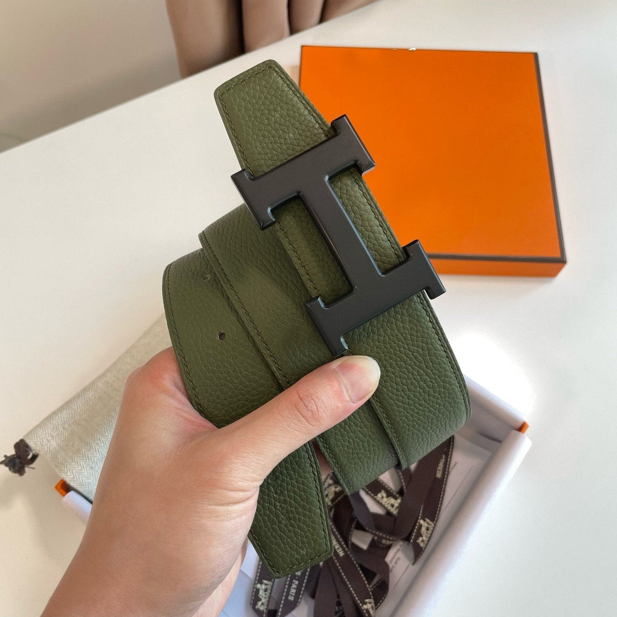 H CONTANCE BELT 38MM BLACK BUCKLE GREEN BLACK LEATHER