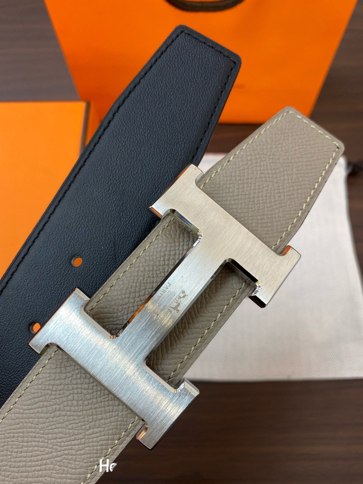 H CONTANCE BELT 38MM SILVER BUCKLE DARK BLUE GREY LEATHER