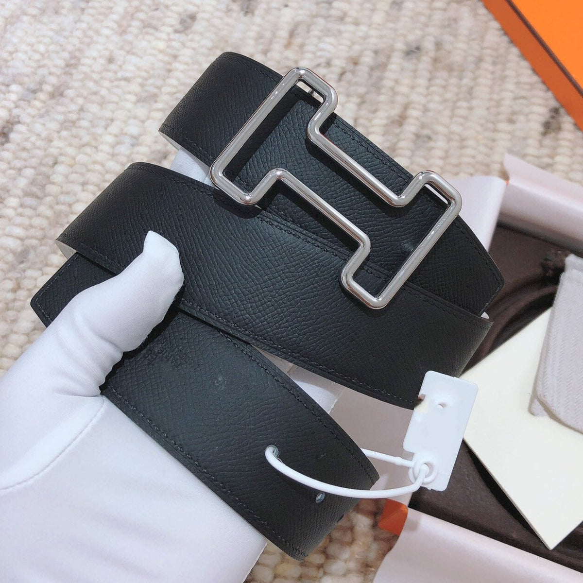 H TONIGHT BELT 38MM BLACK WHITE LEATHER