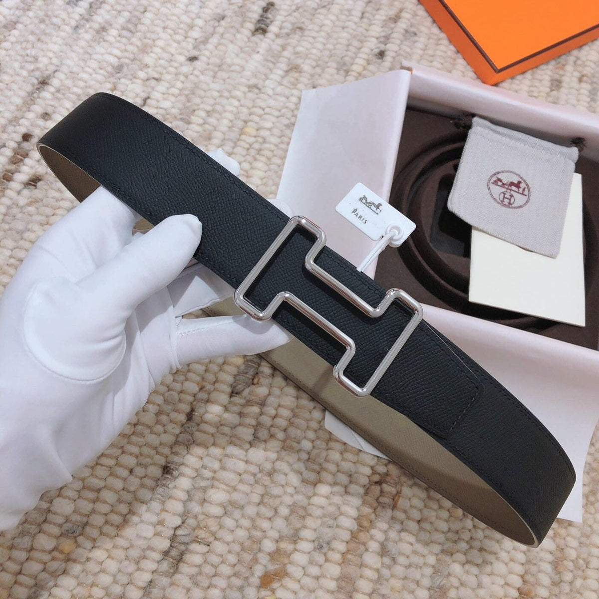 H TONIGHT BELT 38MM BLACK GREEN GREY LEATHER