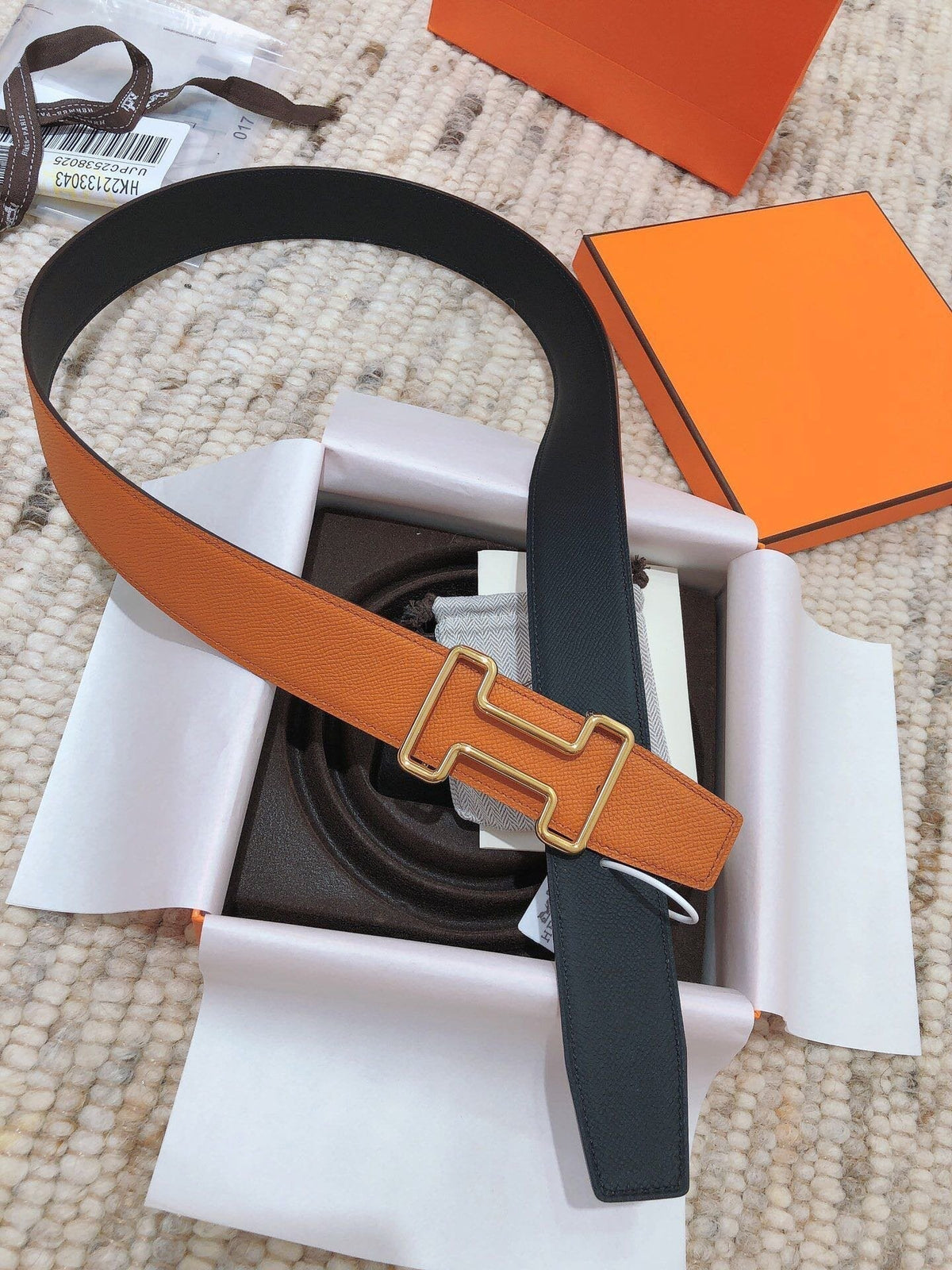 H TONIGHT BELT 38MM ORANGE BLACK LEATHER