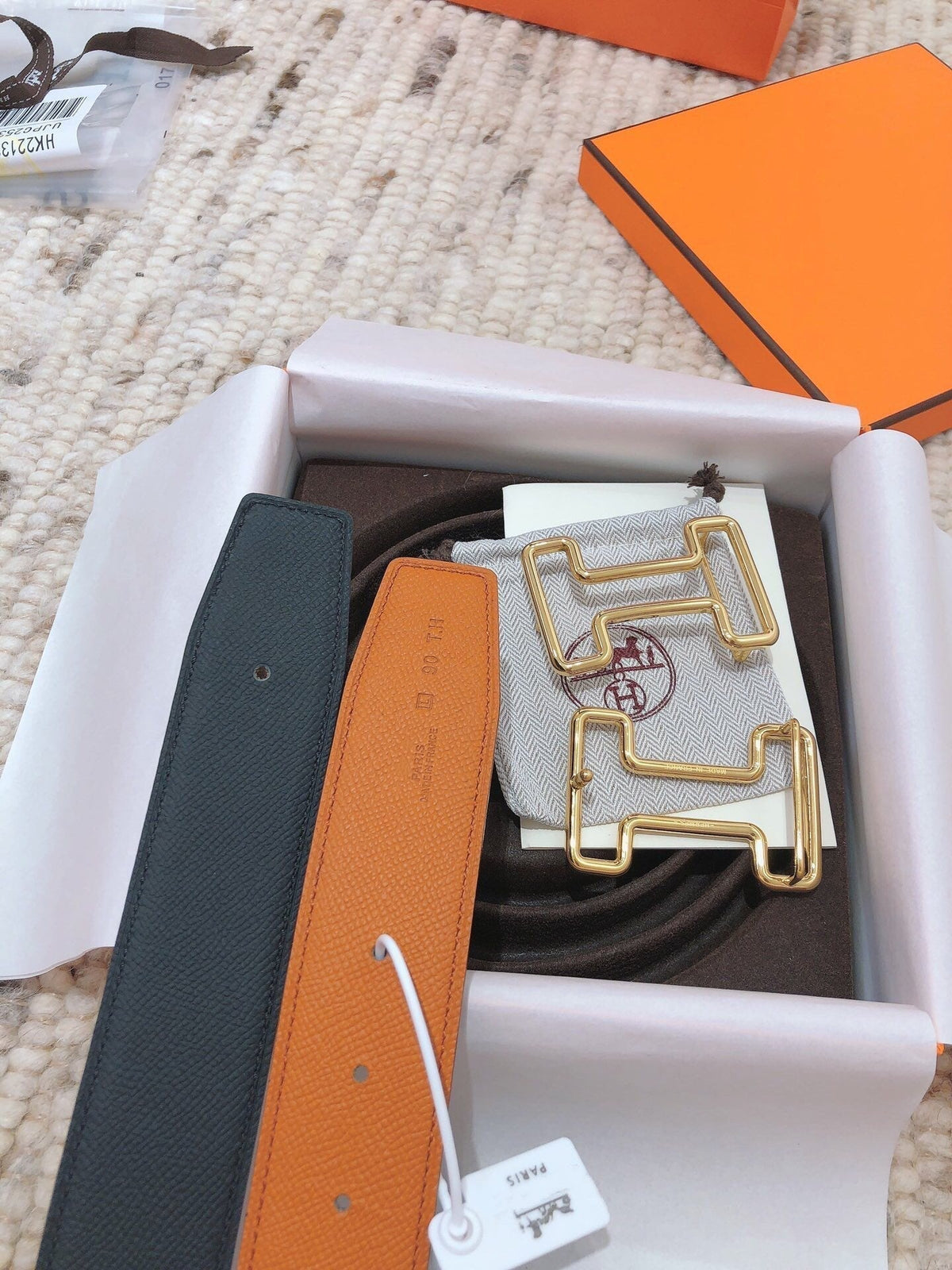H TONIGHT BELT 38MM ORANGE BLACK LEATHER