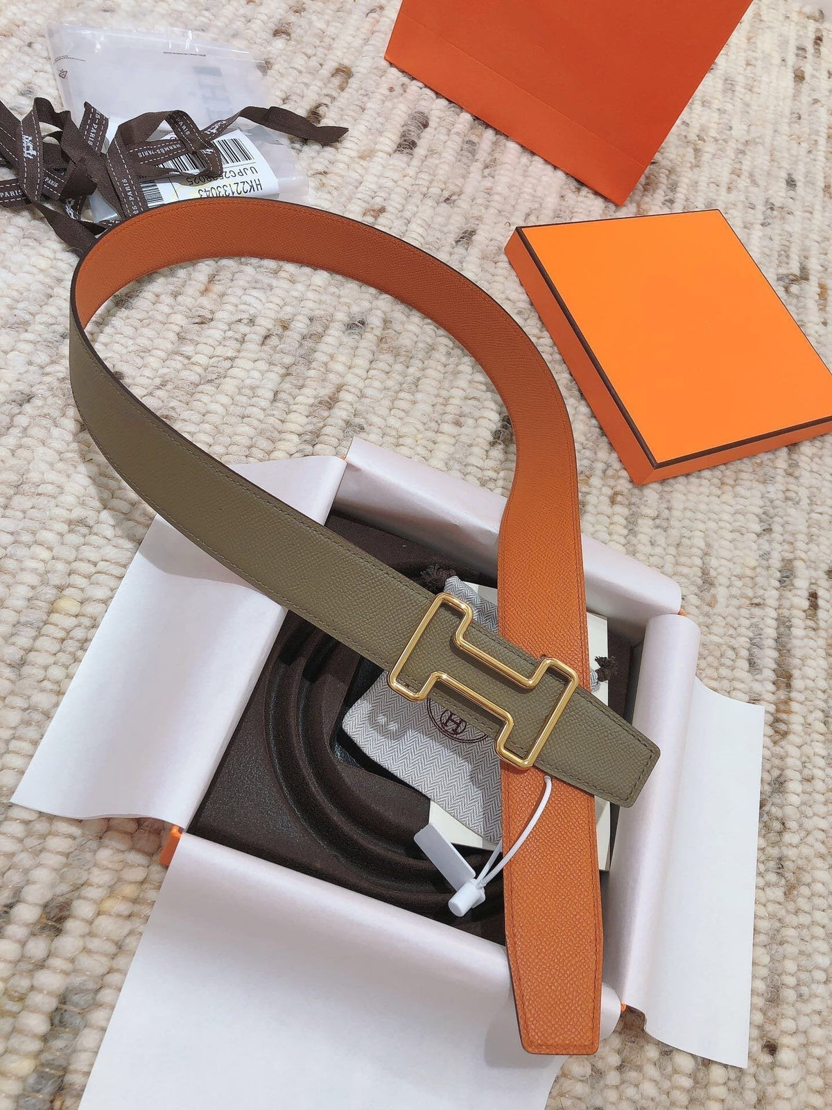 H TONIGHT BELT 38MM ORANGE GREEN GREY LEATHER