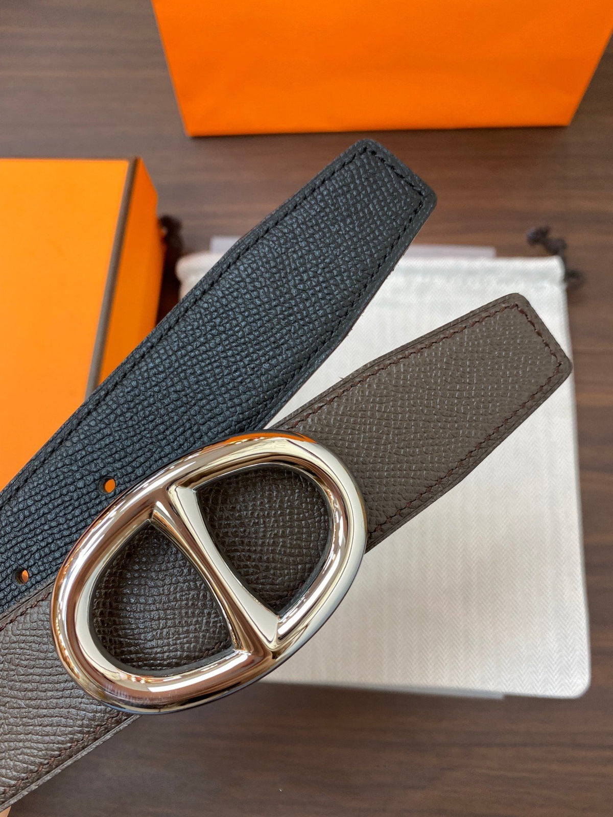 H TWIN REVERSIBLE BELT 32MM SILVER BUCKLE CHOCOLATE DARK BLUE LEATHER