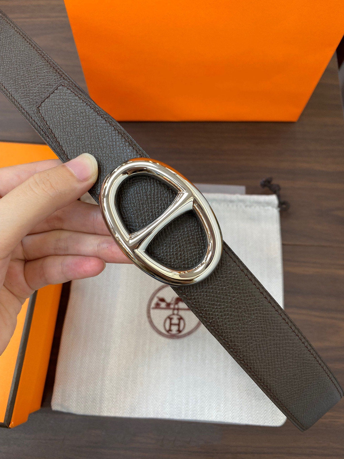 H TWIN REVERSIBLE BELT 32MM SILVER BUCKLE CHOCOLATE DARK BLUE LEATHER
