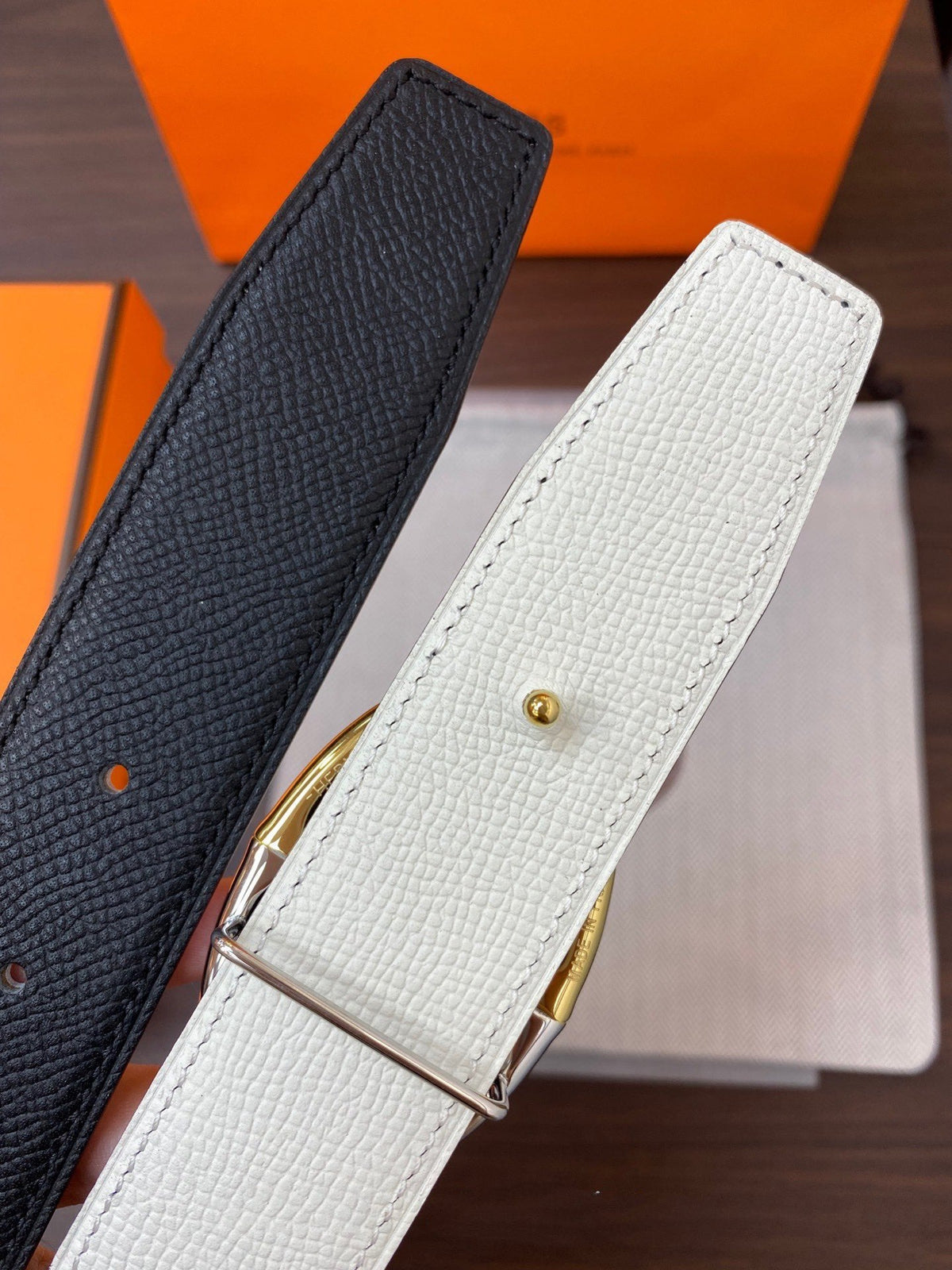 H TWIN REVERSIBLE BELT 32MM GOLD SILVER BUCKLE WHITE BLACK LEATHER