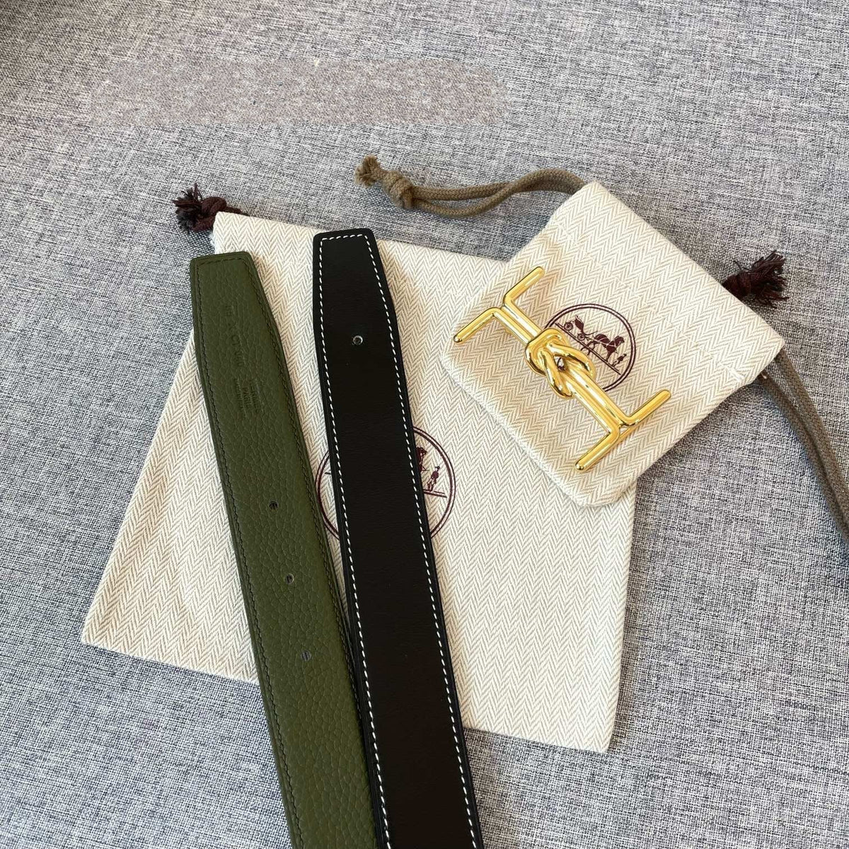 H MARIN REVERSIBLE BELT 32MM GOLD BUCKLE BLACK DARK GREEN LEATHER