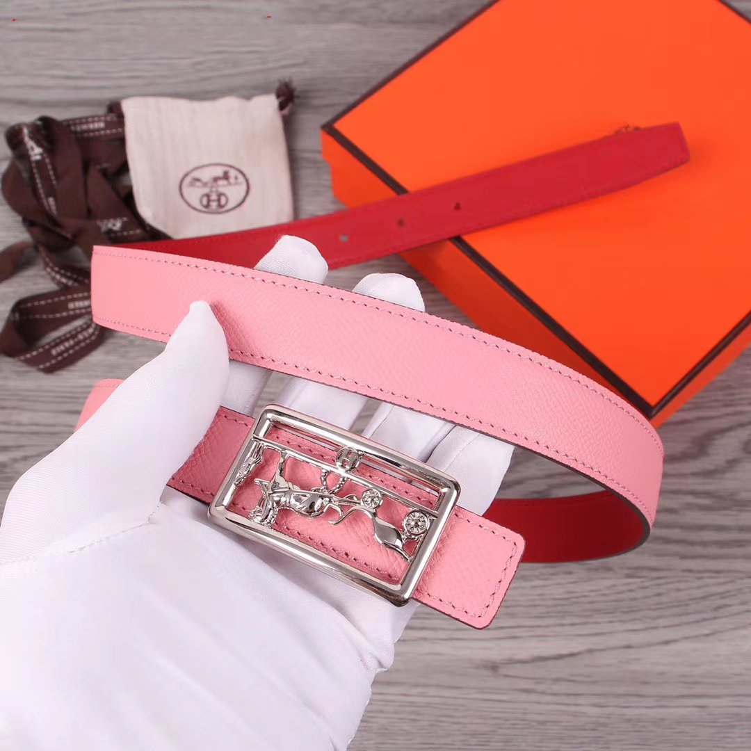 H BELT WOMEN SILVER BUCKLE 24MM ROSE RED LEATHER