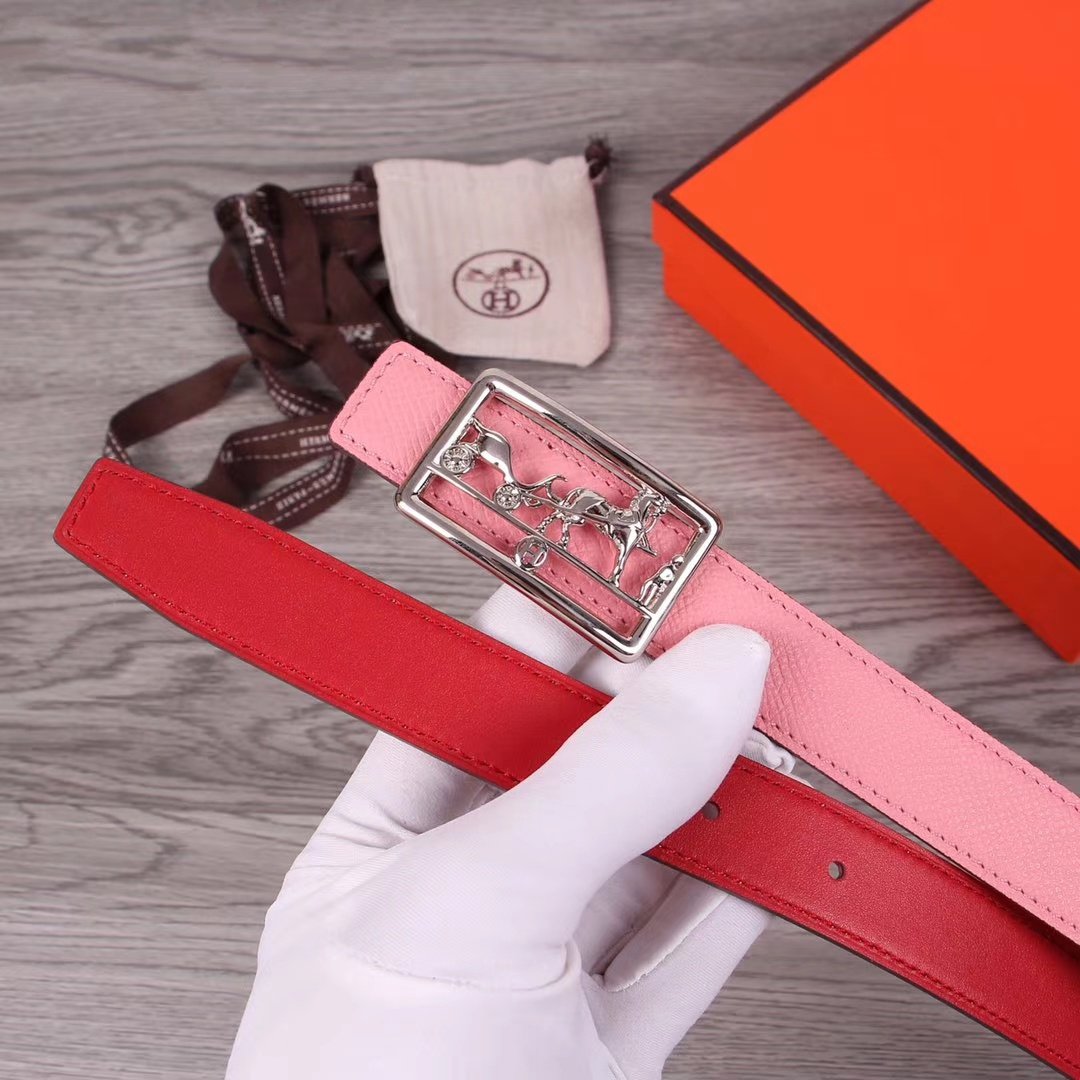 H BELT WOMEN SILVER BUCKLE 24MM ROSE RED LEATHER
