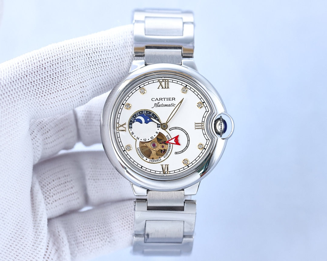 BALLON BLEU 36MM OPEN HEART PINK DIAMOND NUMERALS STEEL STRAP