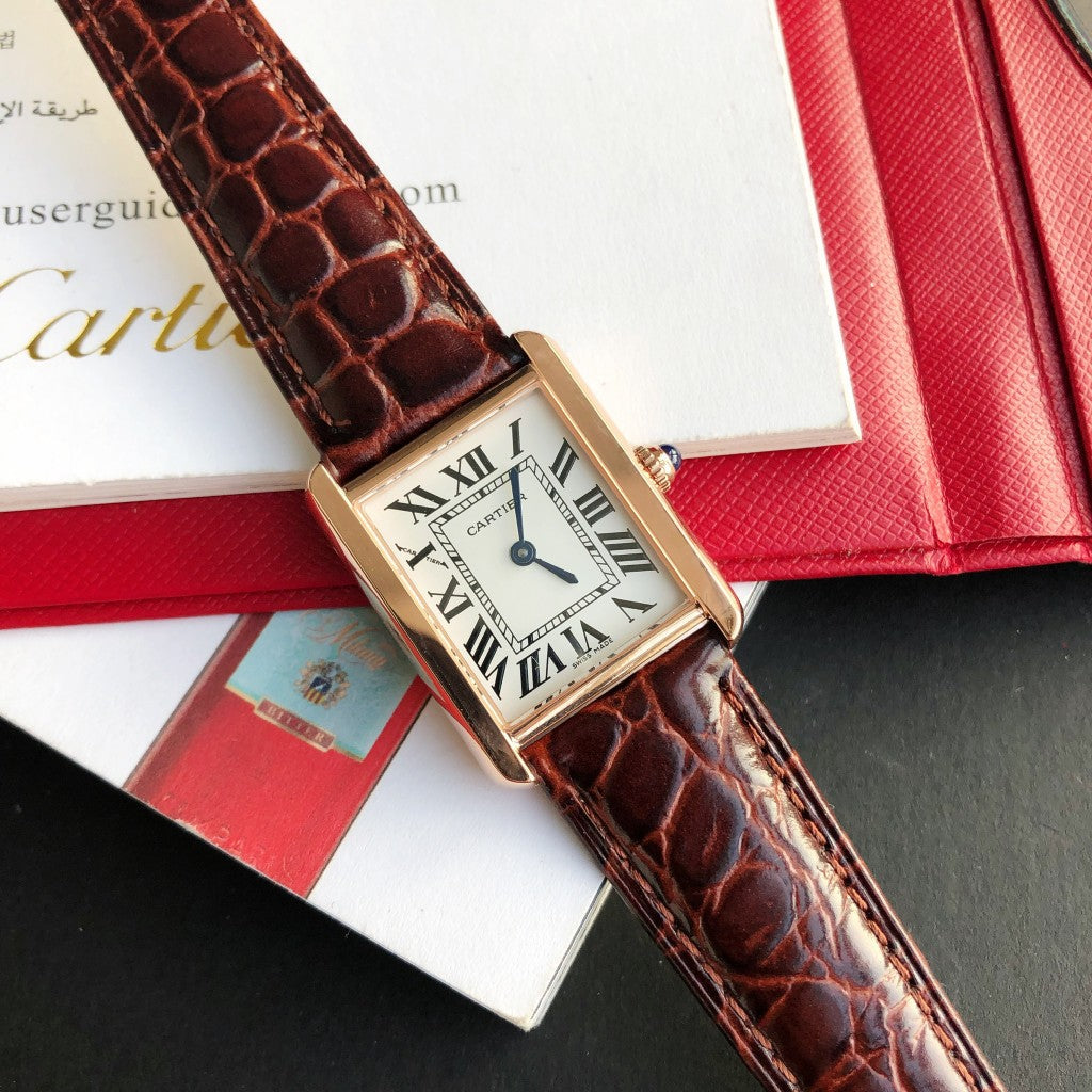 TANK SOLO QUARTZ PINK GOLD CASE BROWN LEATHER