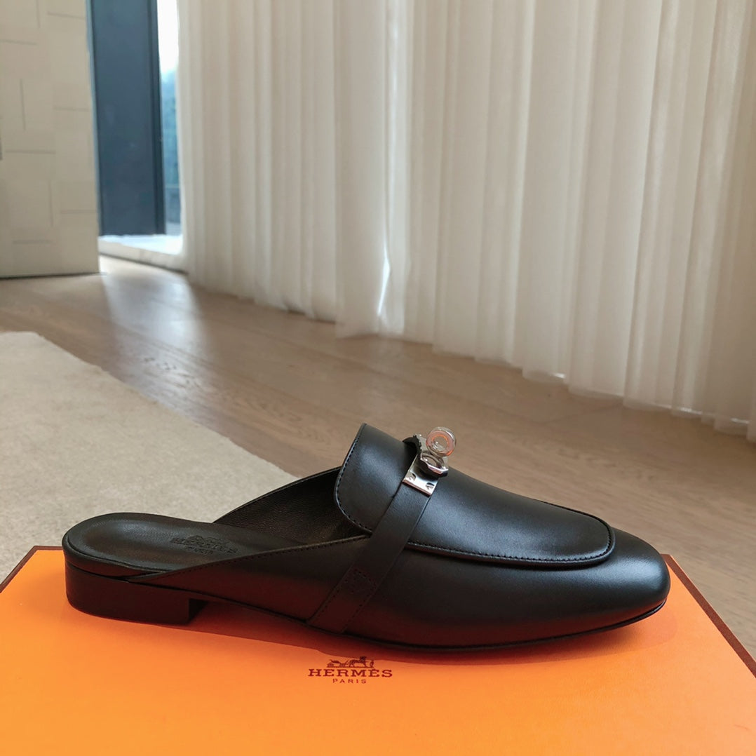 Hermes Oz Mule Black Silver Cowhide 756842