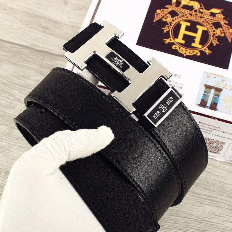 HM Double-sided Belt 38mm Black Cowhide Sliver Buckle 620362