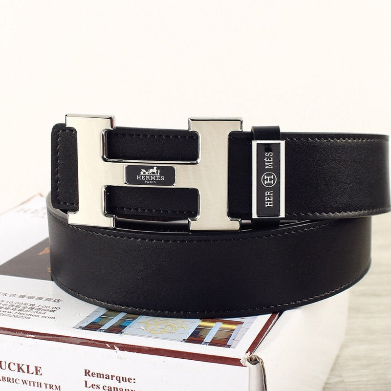 HM Double-sided Belt 38mm Black Cowhide Sliver Buckle 620362