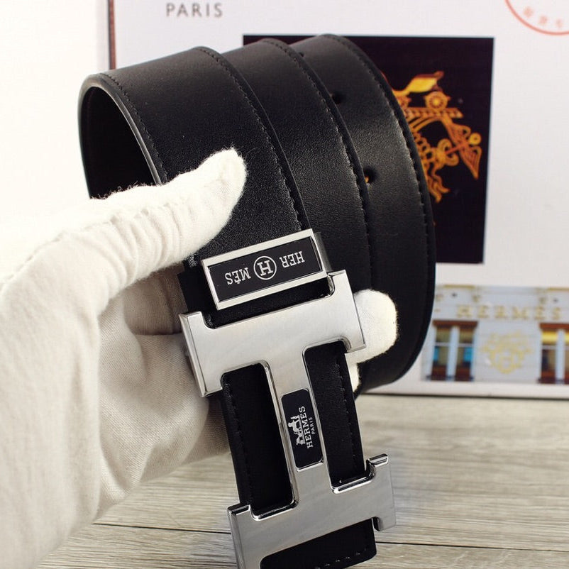 HM Double-sided Belt 38mm Black Cowhide Sliver Buckle 620362