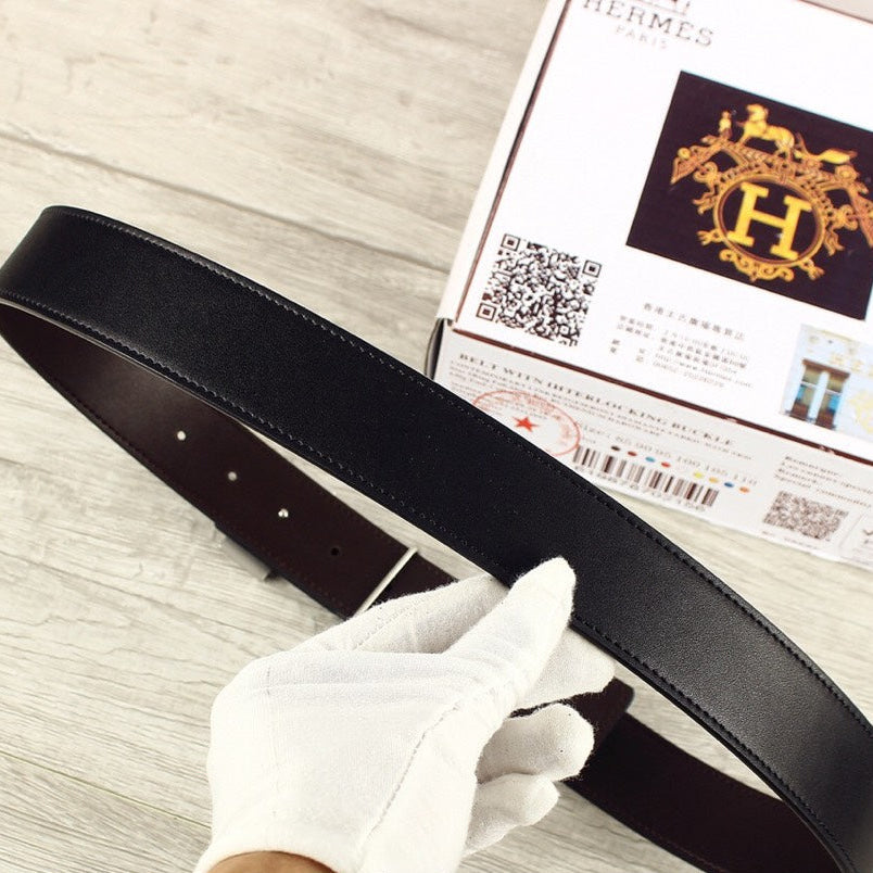 HM Double-sided Belt 38mm Black Cowhide Sliver Buckle 620362