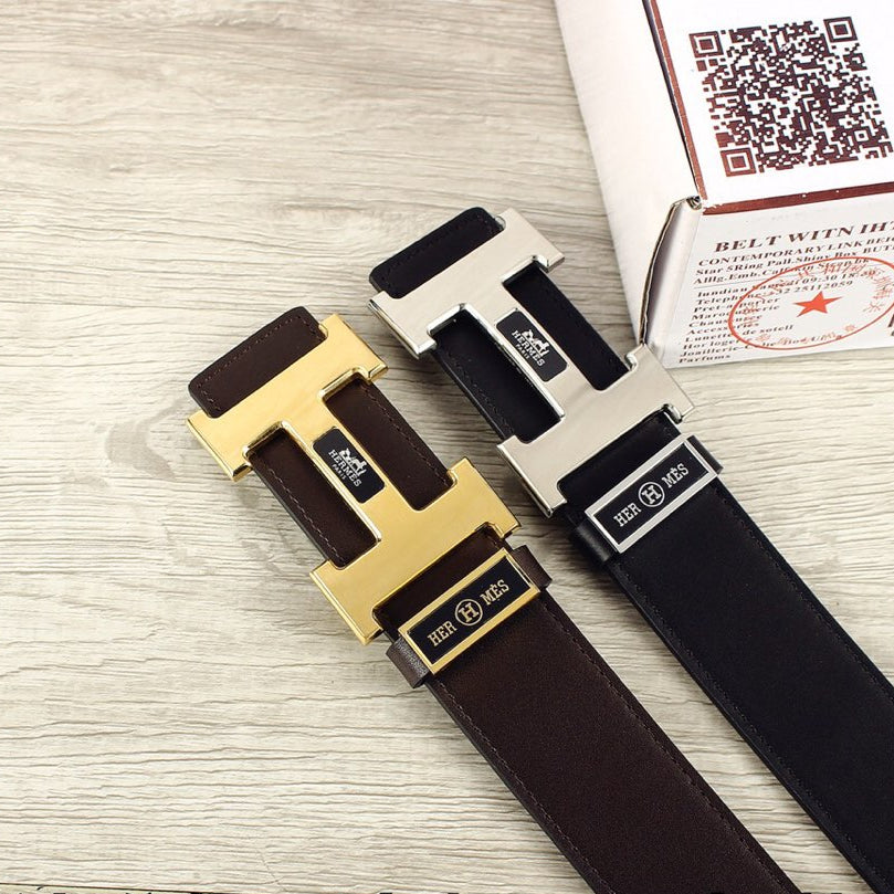 HM Double-sided Belt 38mm Black Cowhide Sliver Buckle 620362