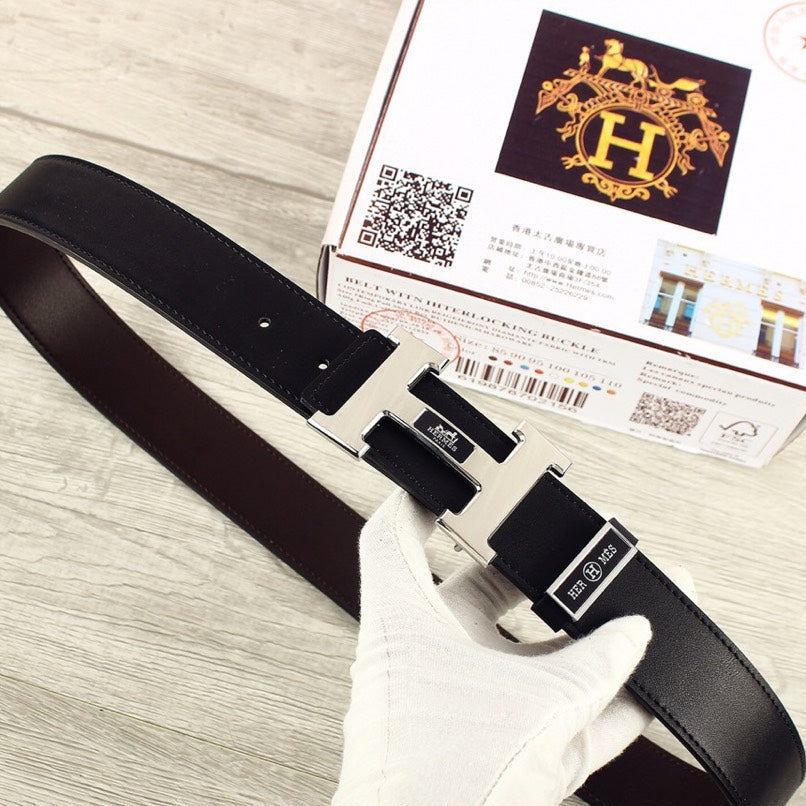 HM Double-sided Belt 38mm Black Cowhide Sliver Buckle 620362