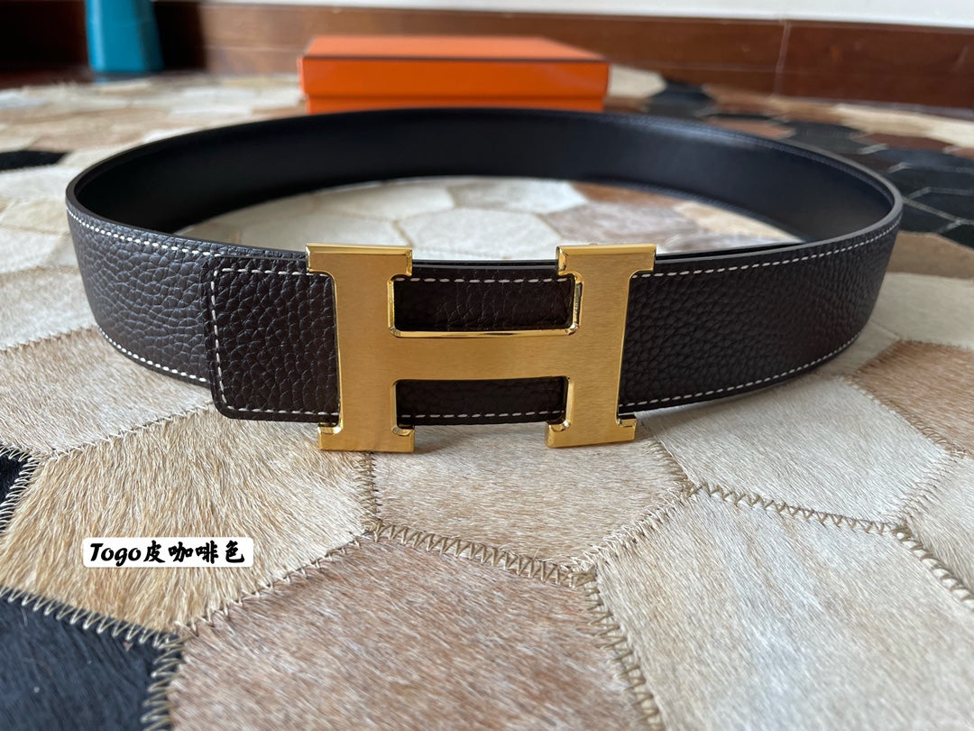 HM CONSTANCE BELT BUCKLE & REVERSIBLE CHOCOLATE BROWN LEATHER STRAP 38MM GOLD HARDWARE