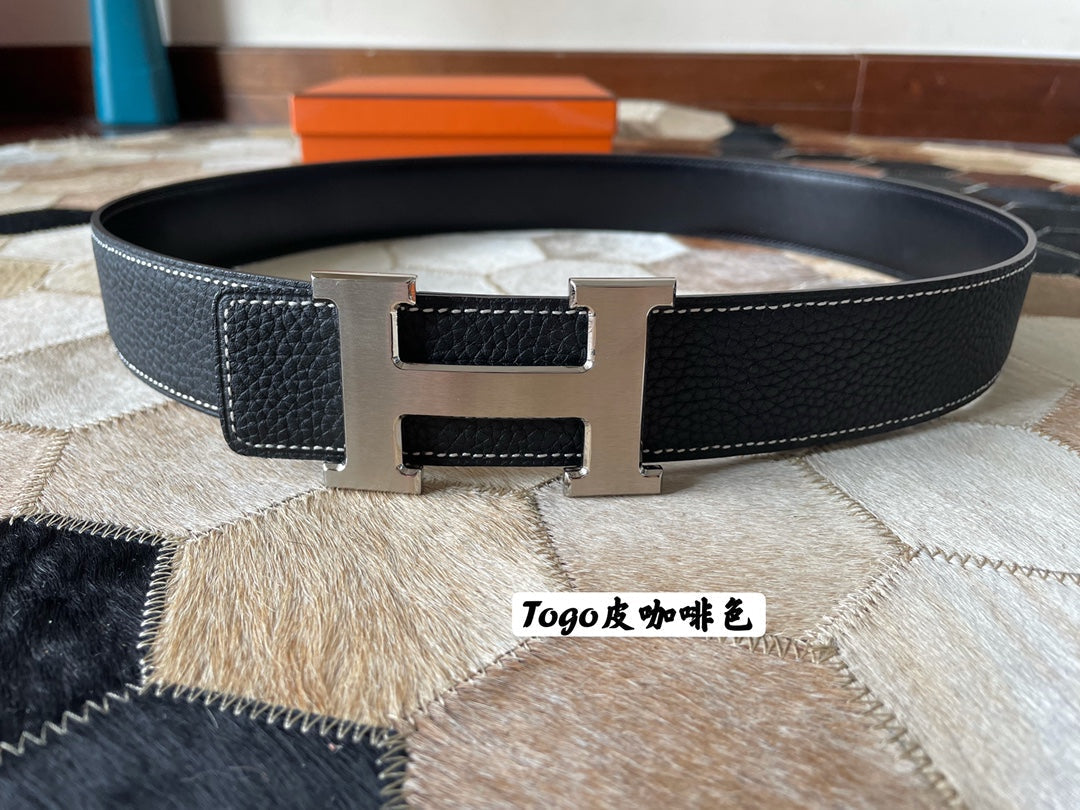 HM CONSTANCE BELT BUCKLE & REVERSIBLE BLACK LEATHER STRAP 38MM SILVER HARDWARE