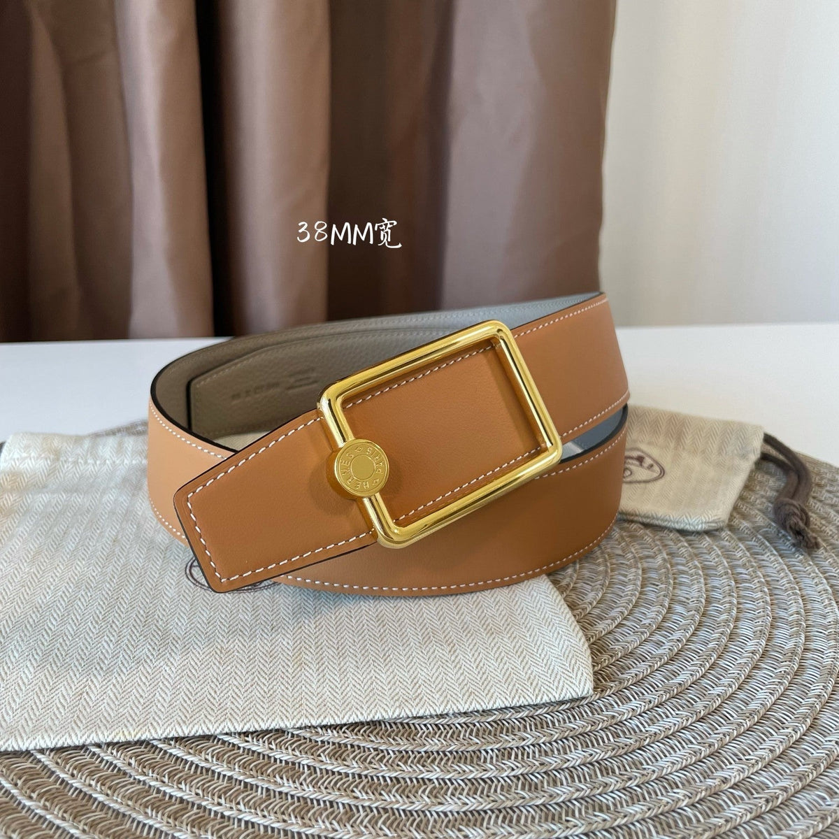 OSCAR BELT BUCKLE & REVERSIBLE KHAKI BROWN AND ORANGE LEATHER STRAP 38MM GOLD HARDWARE