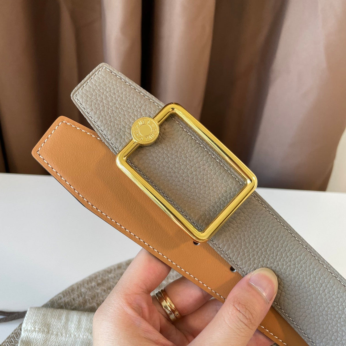 OSCAR BELT BUCKLE & REVERSIBLE KHAKI BROWN AND ORANGE LEATHER STRAP 38MM GOLD HARDWARE