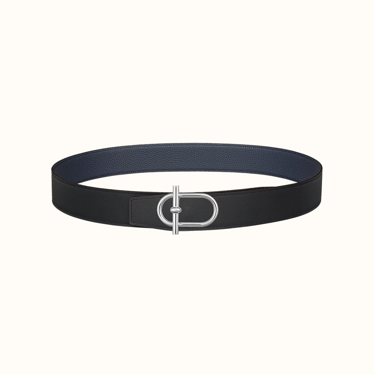 HM ITHAQUE BELT SILVER BUCKLE & REVERSIBLE NAVY BLUE AND BLACK LEATHER STRAP 38MM