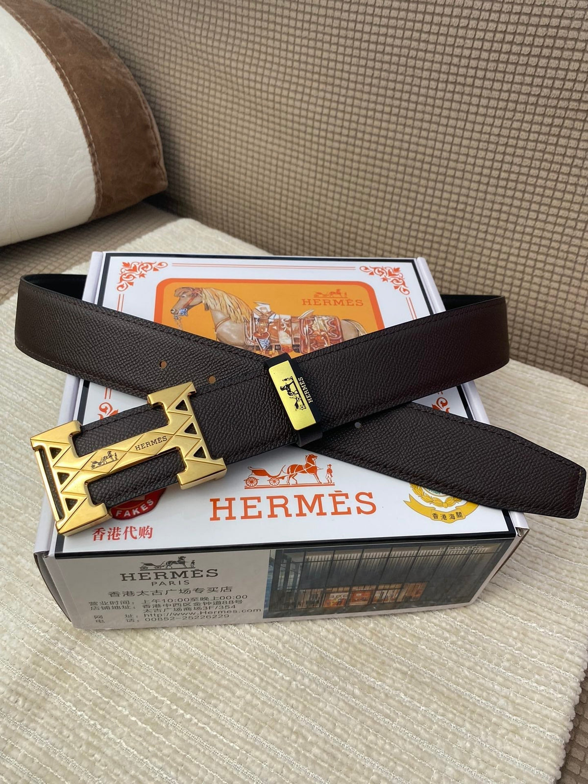 HM Belt 38mm Chocolate Black Cowhide Leather Gold Buckle 619065