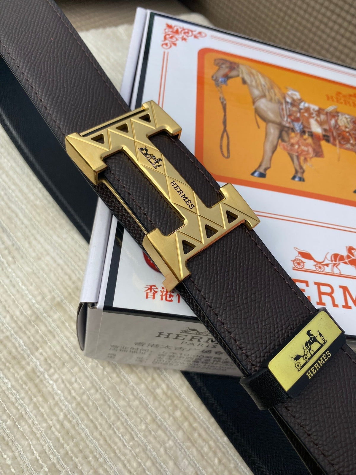HM Belt 38mm Chocolate Black Cowhide Leather Gold Buckle 619065
