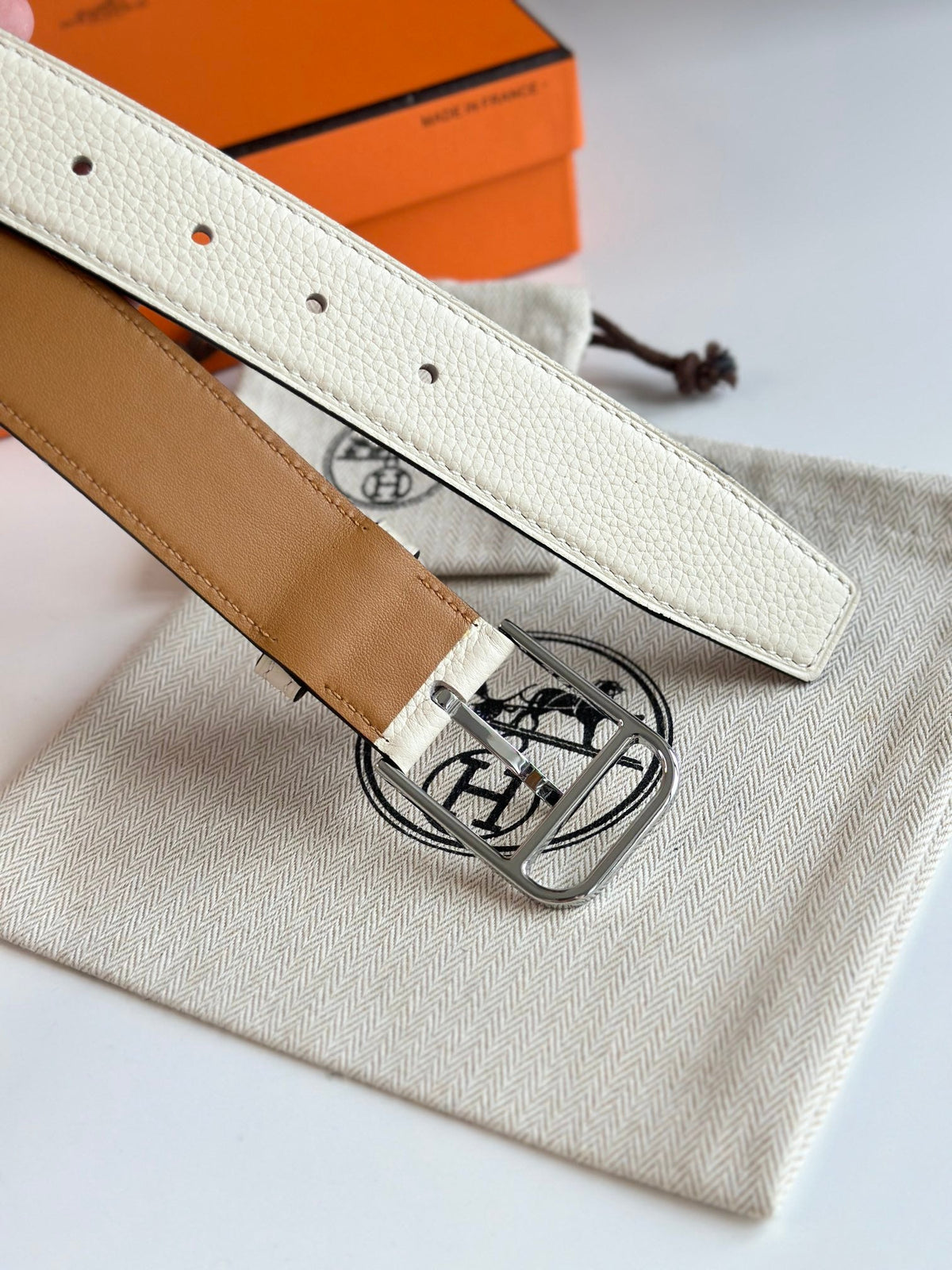 HM ROMAIN 35MM BELT WHITE CREAM LEATHER SILVER HARDWARE
