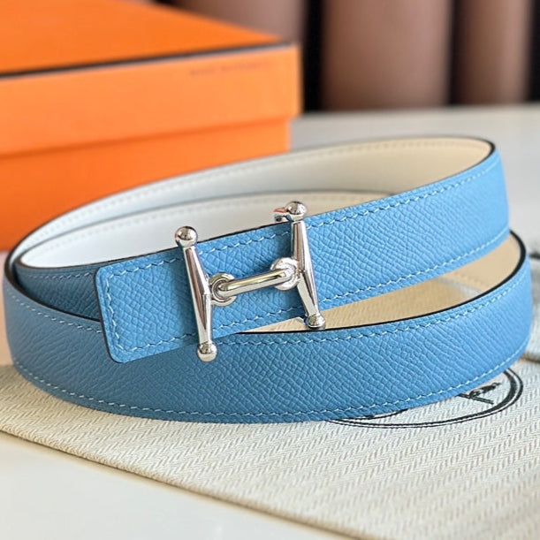 HM Silver Mors H buckle & Reversible 24 mm belt Blue White leather 125360