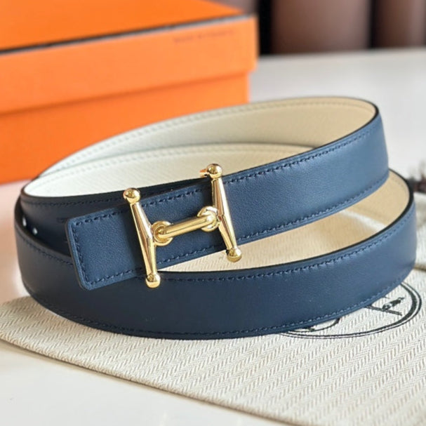 HM Gold Mors H buckle & Reversible 24 mm belt Blue Beige leather 125365