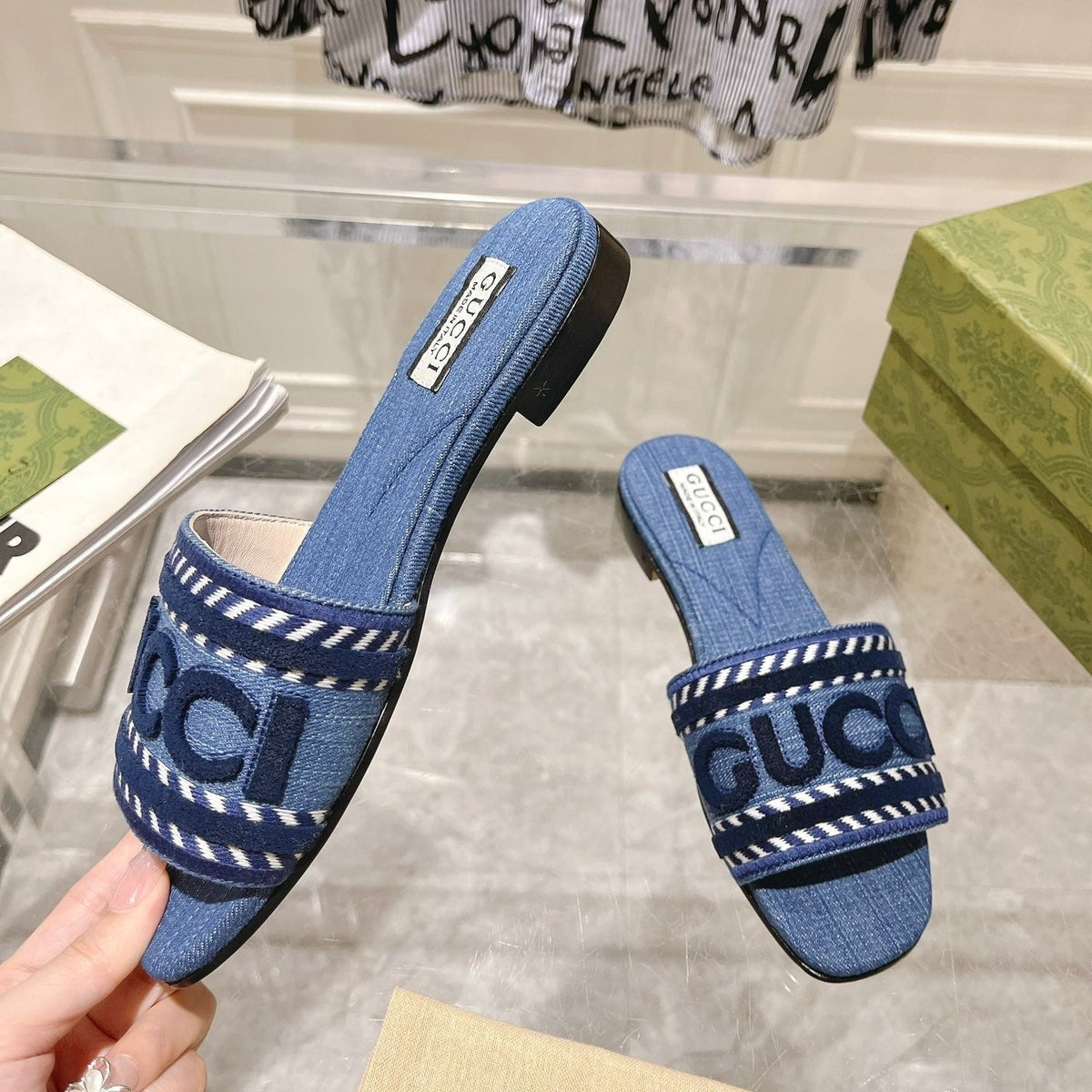 GG Interlocking double G hollow slippers Neon Blue