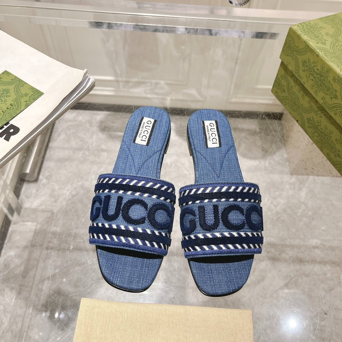 GG Interlocking double G hollow slippers Neon Blue