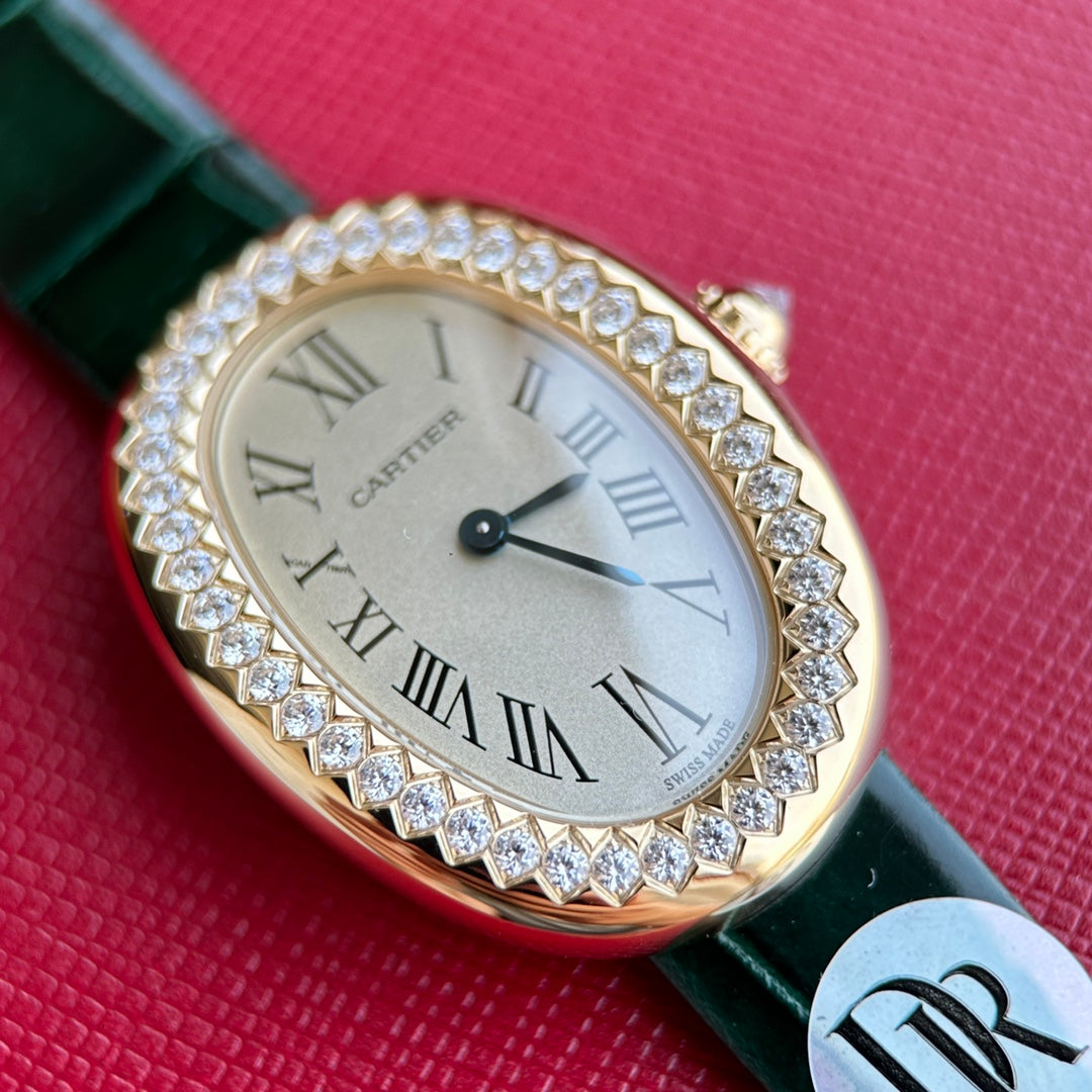 Baignoire 23mm Pink Gold Case Diamond Bezel Dark Green Leather Strap