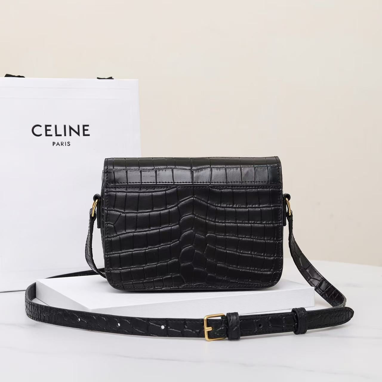 Celine Teen Triomphe Bag Black Crocodile Leather