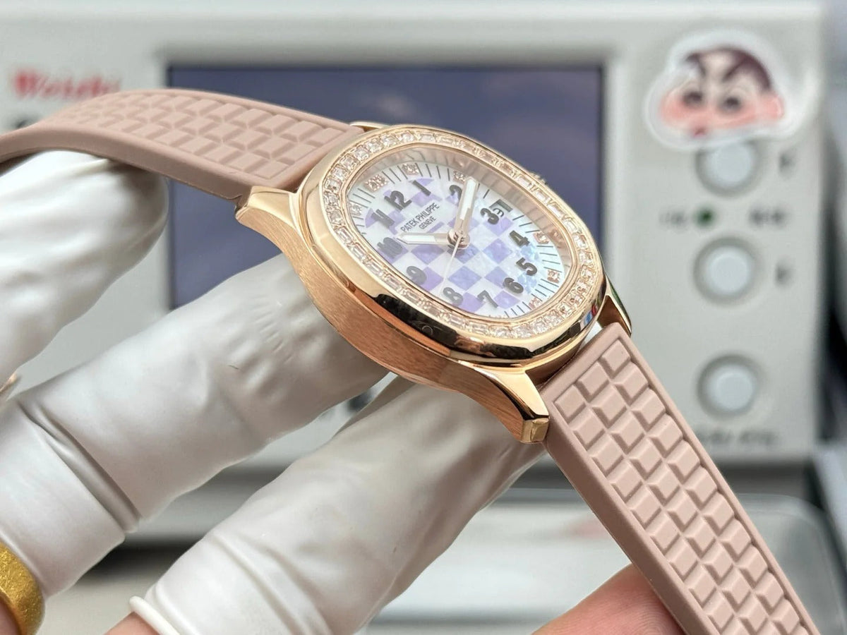 Patek Philippe Aquanaut 36mm Pink Gold Case Diamond Dial Nude Rubber Strap