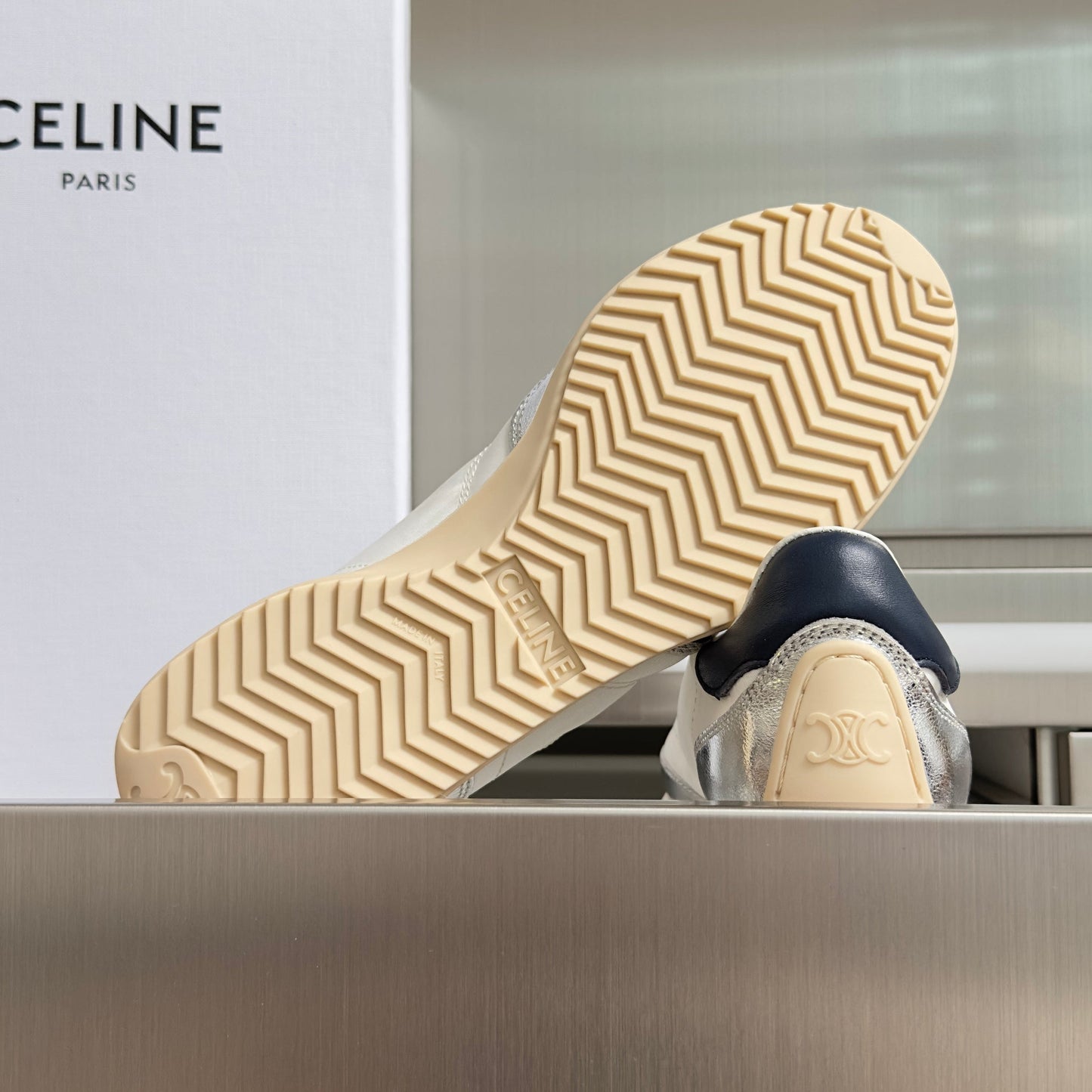 Celine 26s Racer Sneakers In White Fabric And Silver Calfskin