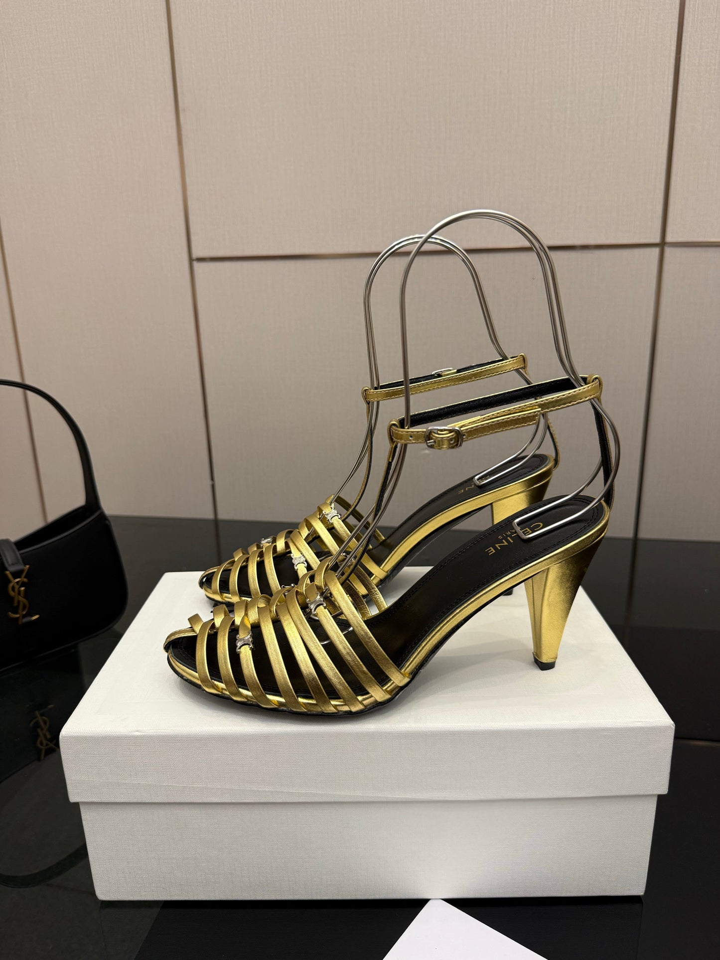 Celine Cage Heeled Sandal 9cm Gold Calfskin 725649