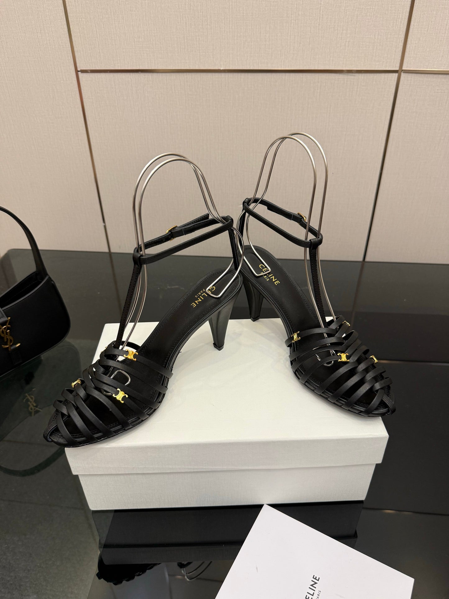 Celine Cage Heeled Sandal 9cm Black Calfskin 725650