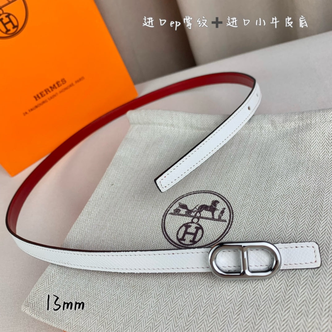HM MAILLON H BELT BUCKLE & REVERSIBLE WHITE LEATHER STRAP 13 MM SILVER HARDWARE