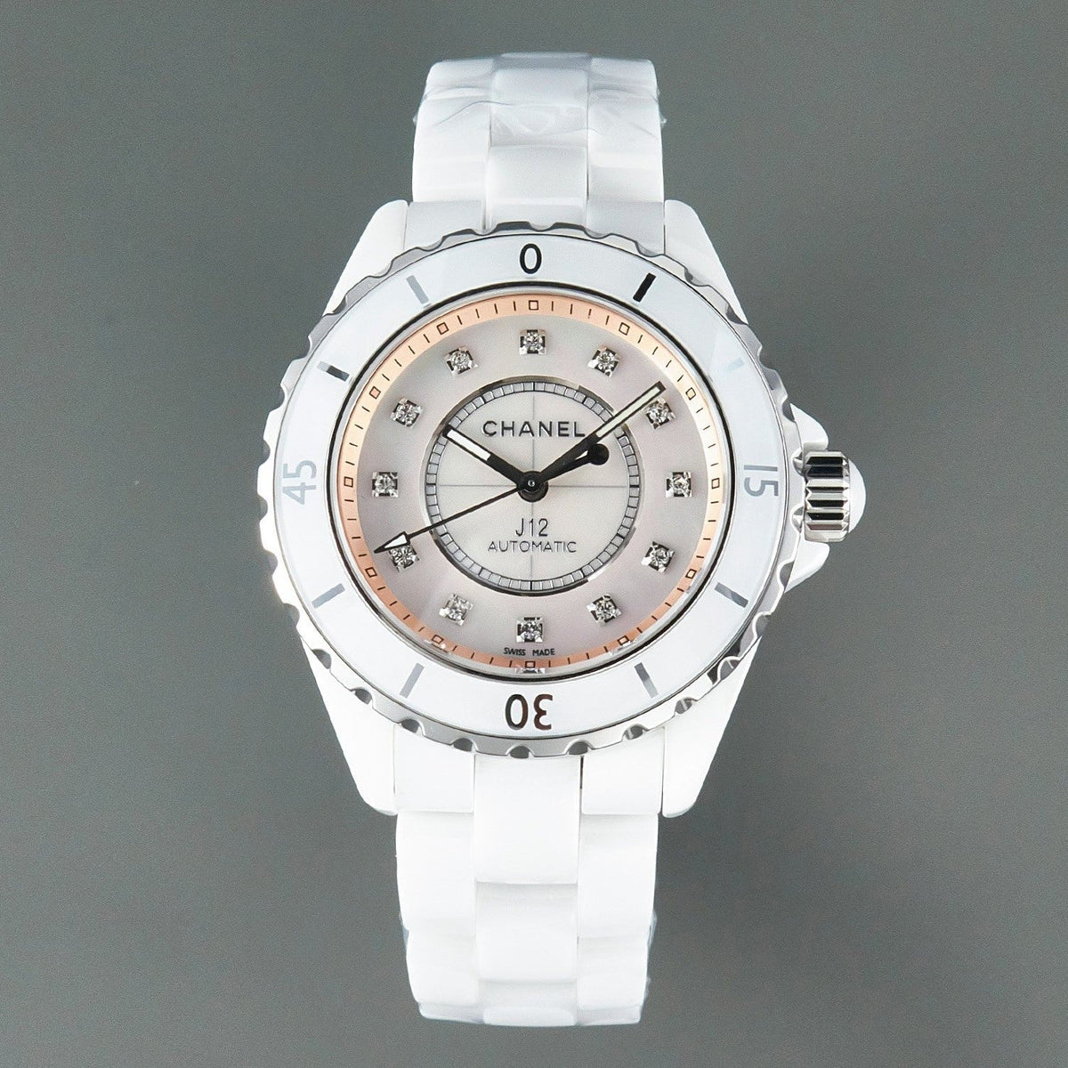 J12 Automatic White Ceramic Diamond Numerals Pink Mop Dial
