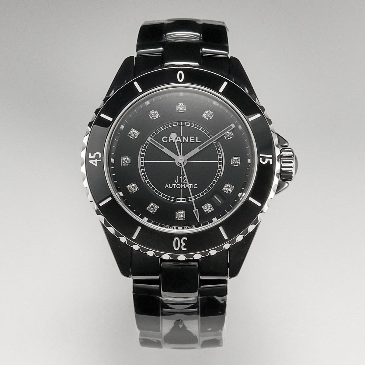 J12 Date Automatic Black Ceramic Diamond Numerals Black Dial Black Steel Hands
