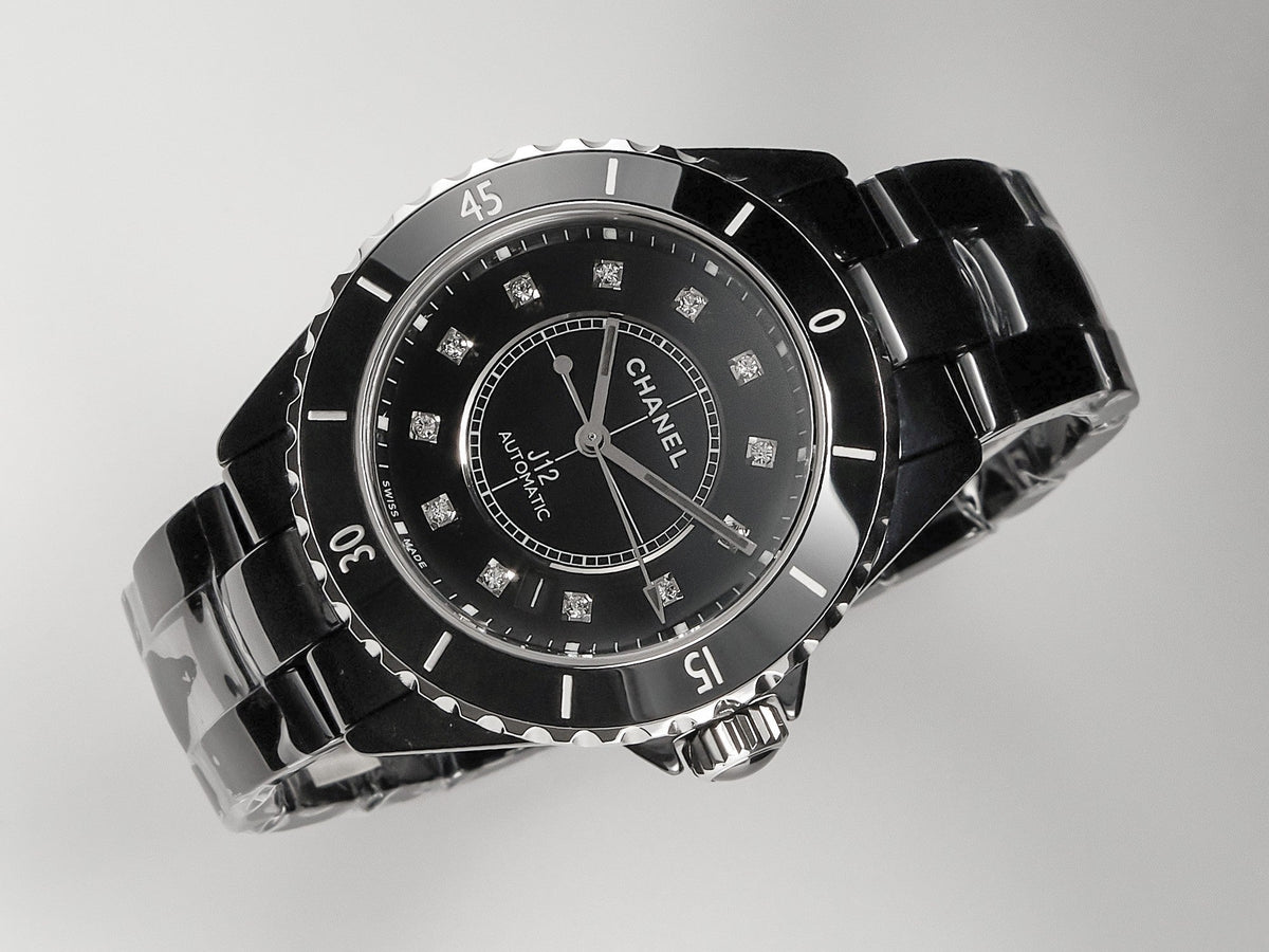 J12 Date Automatic Black Ceramic Diamond Numerals Black Dial Black Steel Hands