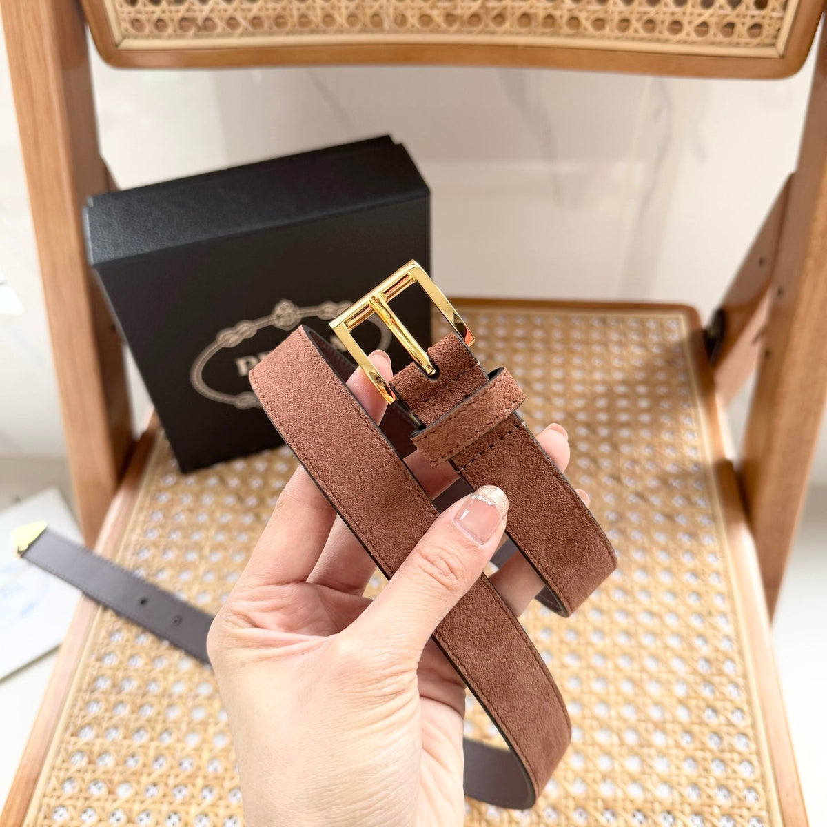 PRADA 25S BELT 25 MM IN BROWN SUEDE 542643