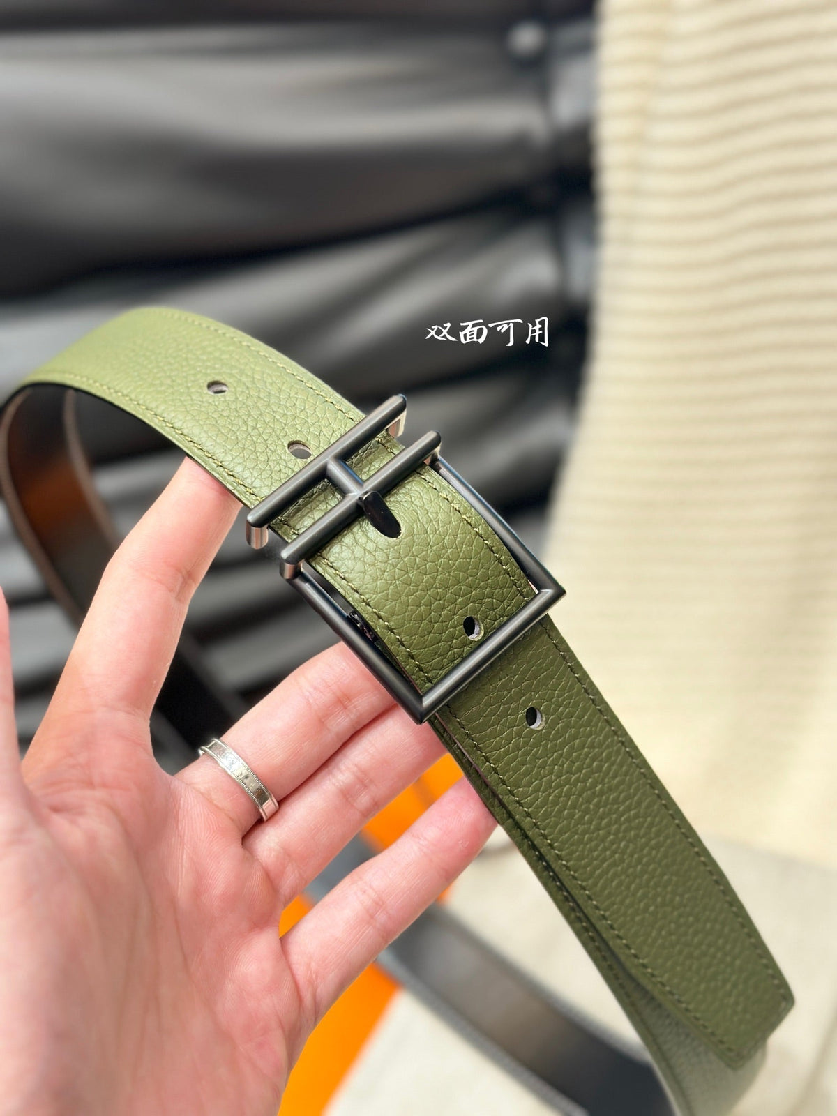 HM NATHAN REVERSIBLE BELT 32MM OLIVE GREEN AND BLACK LEATHER BLACK HARDWARE