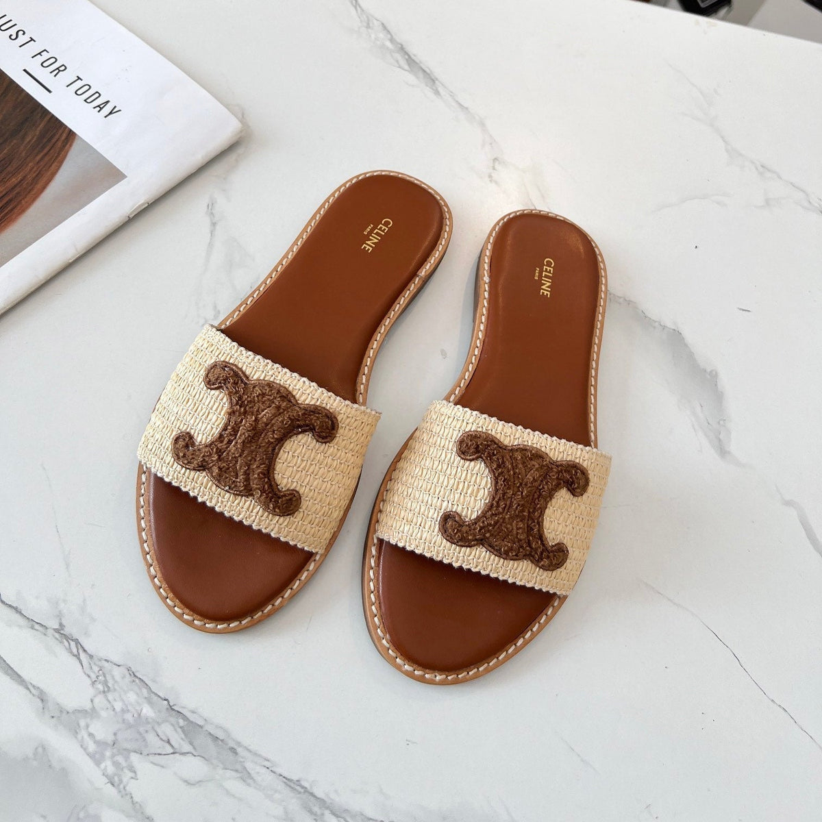 Celine 25C Slippers Beige mix Coffee Fabric with Calfskin 238149