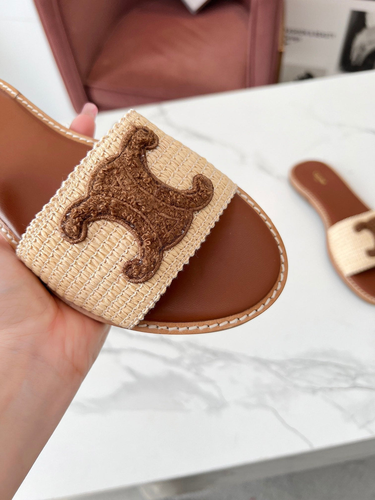 Celine 25C Slippers Beige mix Coffee Fabric with Calfskin 238149